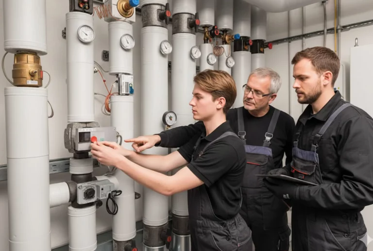 Drei Techniker überprüfen und bedienen eine technische Anlage in einem Maschinenraum.