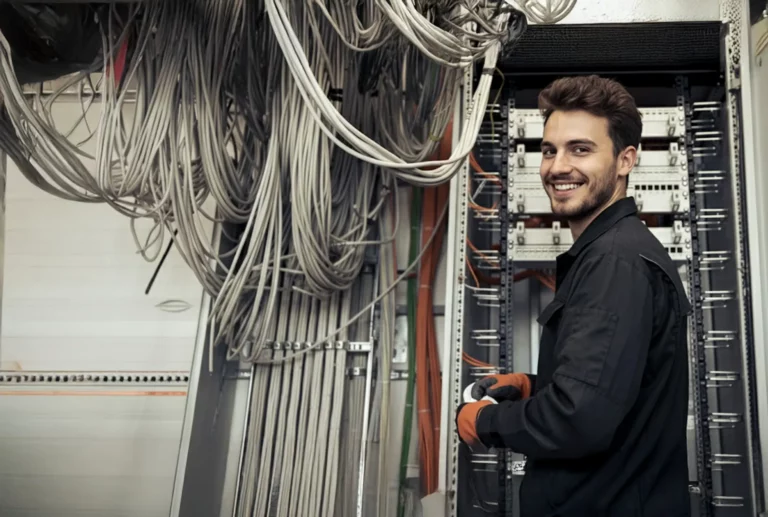 Ein junger Techniker lächelt, während er in einem Raum mit vielen Kabeln und elektrischen Komponenten arbeitet.