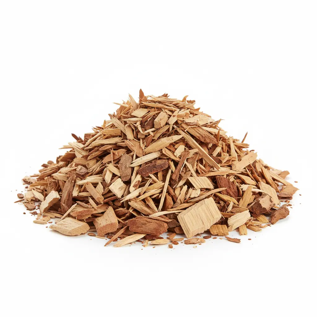 Eine große Menge Holzspäne auf einem weißen Hintergrund.