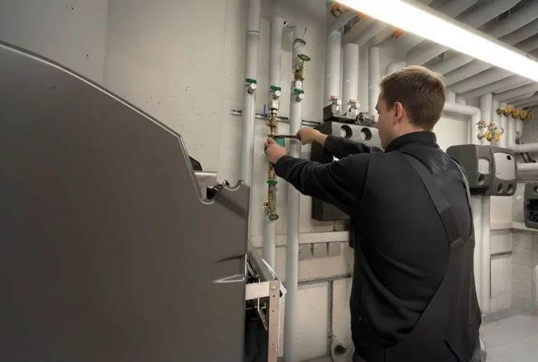 Ein Techniker arbeitet an Rohrleitungen und Ventilen in einem technischen Raum.