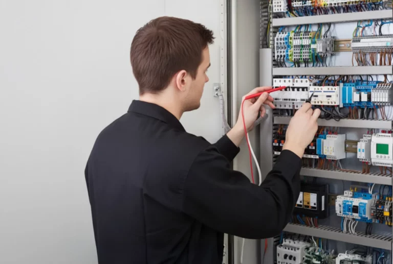 Ein Techniker überprüft elektrische Schaltkreise in einem Schaltschrank mit einem Multimeter.