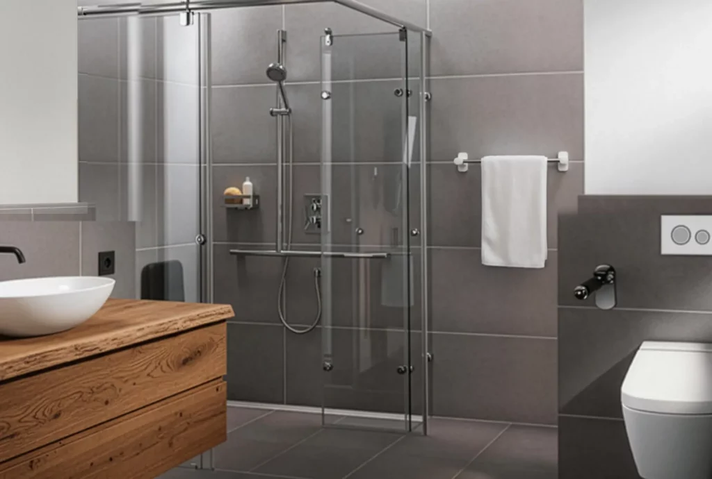 Moderne Badezimmerausstattung mit gläserner Dusche, Holzwaschtisch und eleganten Fliesen in Grautönen.