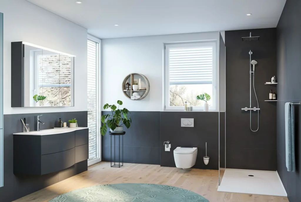 Modernes Badezimmer mit eleganter Dusche, stilvollem Waschtisch und großen Fenstern, die für viel Licht sorgen.