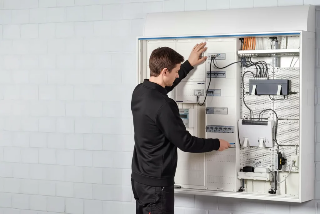 Ein Techniker überprüft und wartet einen elektrischen Verteilerkasten an einer weißen Wand.