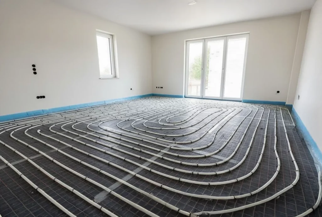 Der Raum zeigt eine Fußbodenheizung mit verlegten Rohren auf einem schwarzen Untergrund und großen Fenstern im Hintergrund.