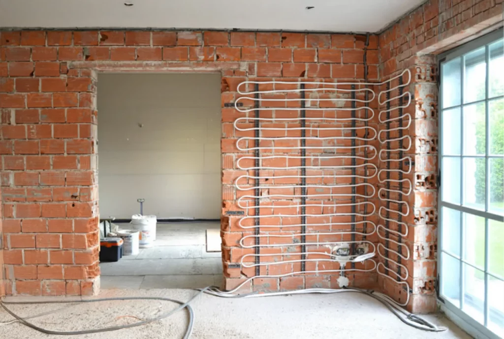 Innenraum mit rotem Mauerwerk und installierten Heizungsrohren, die an der Wand verlaufen, sowie einem offenen Durchgang und einem großen Fenster.