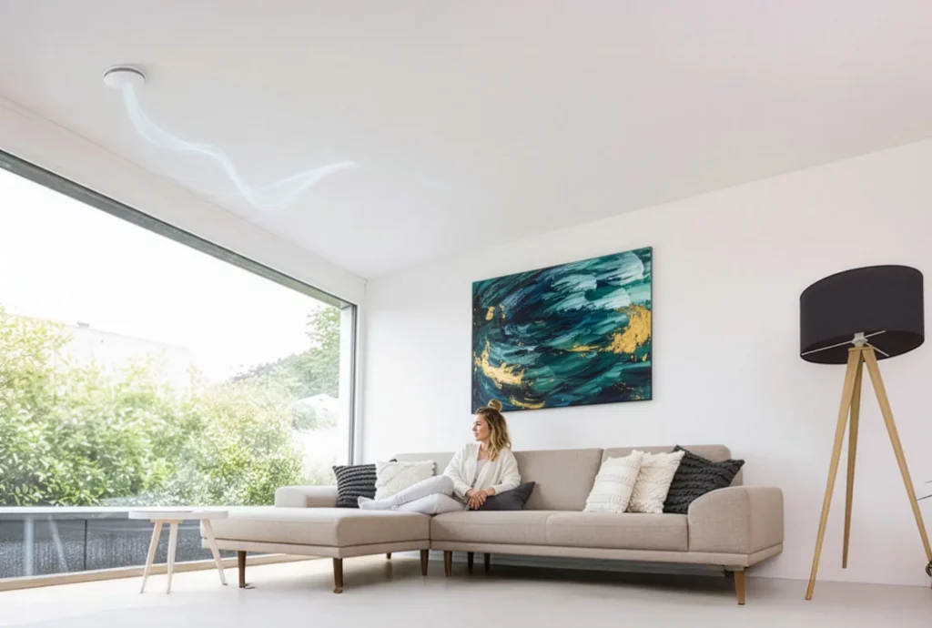 Eine Frau sitzt entspannt auf einem modernen Sofa in einem hellen Wohnzimmer mit großen Fenstern und einem farbenfrohen Wandgemälde.