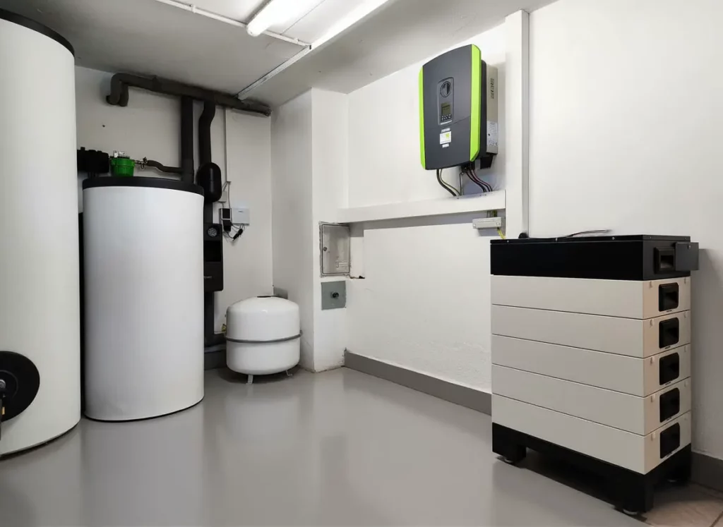 Moderne Haustechnik mit einem Heizsystem, einem Wärmepufferspeicher und einem Speicher für erneuerbare Energien in einem funktionalen Raum.