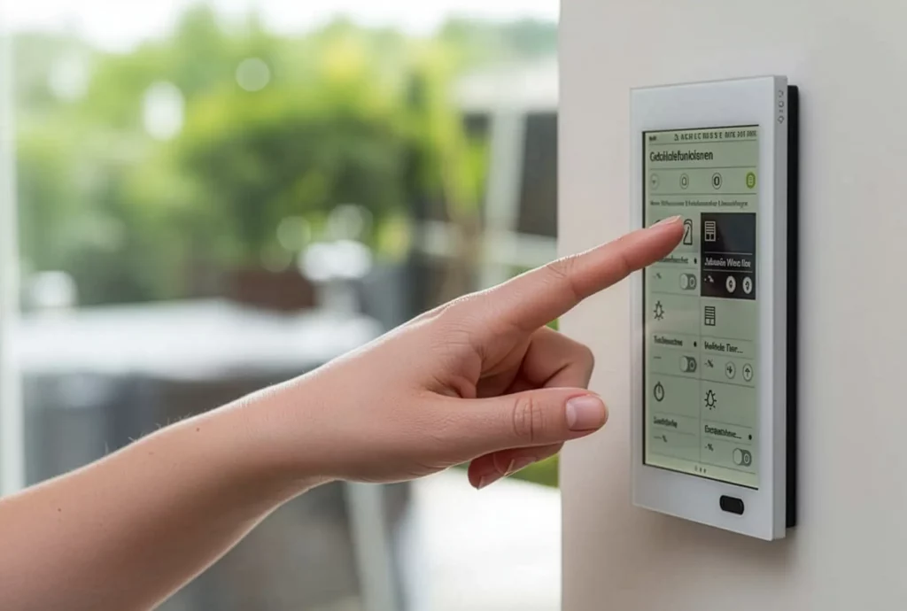Eine Hand tippt auf einen modernen Wand-Touchscreen zur Steuerung von Smart-Home-Funktionen.