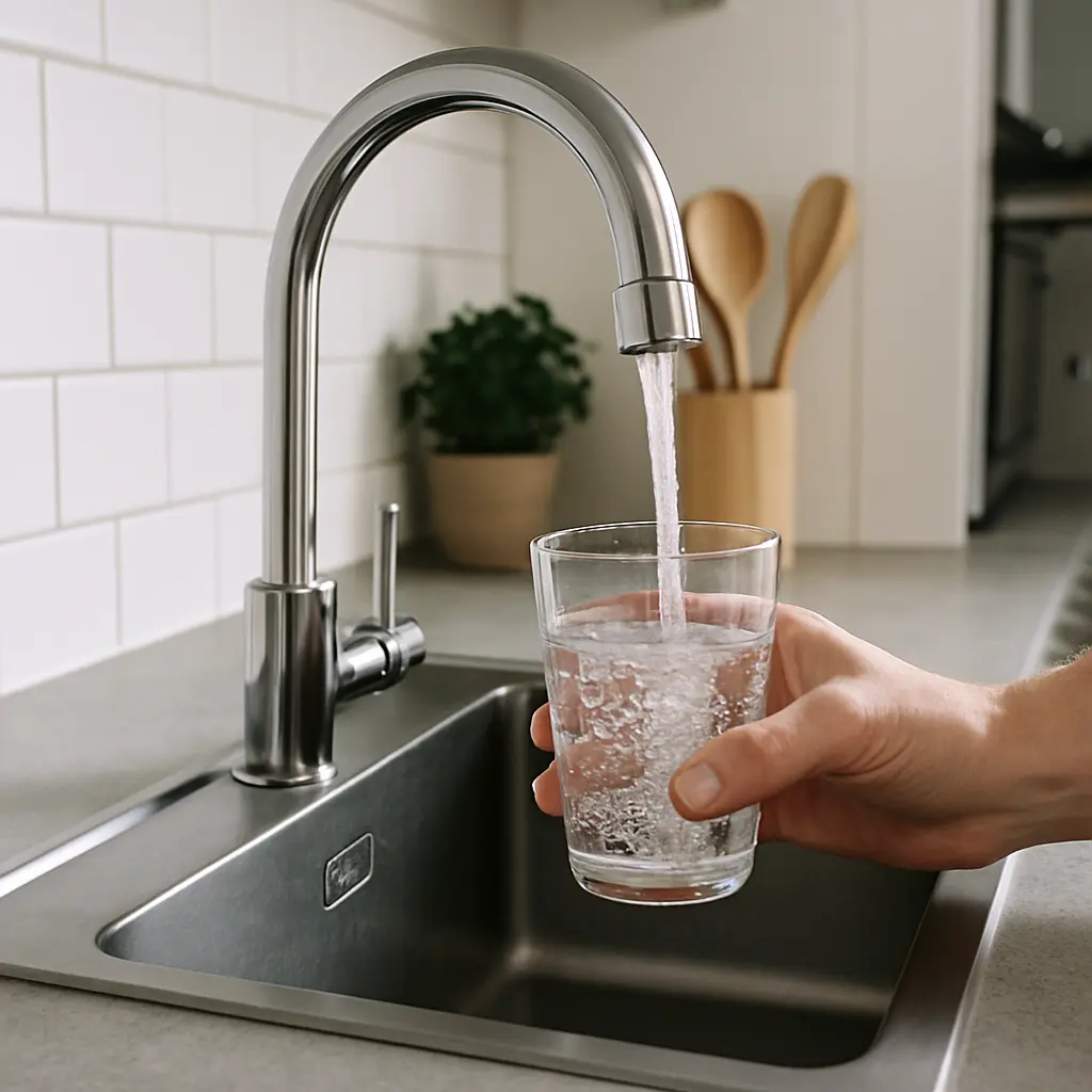 Eine Hand hält ein Glas mit sprudelndem Wasser, während der Wasserhahn in einer modernen Küche Wasser darüber fließen lässt.