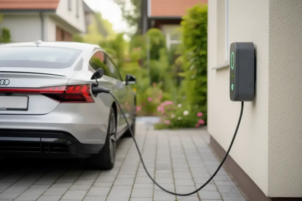 Ein silberner Audi wird an einer Wandladestation für Elektroautos aufgeladen, umgeben von einem gepflegten Garten.