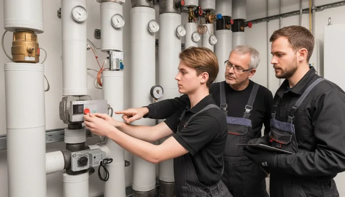 Drei Techniker überprüfen und bedienen eine technische Anlage in einem Maschinenraum.