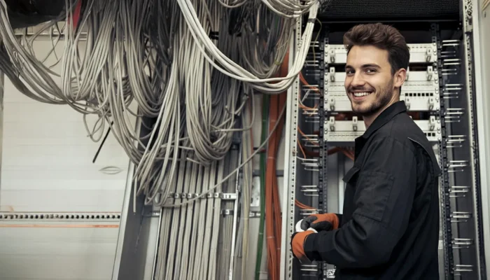 Ein junger Techniker lächelt, während er in einem Raum mit vielen Kabeln und elektrischen Komponenten arbeitet.