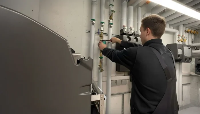 Ein Techniker arbeitet an Rohrleitungen und Ventilen in einem technischen Raum.