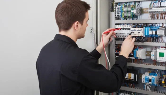 Ein Techniker überprüft elektrische Schaltkreise in einem Schaltschrank mit einem Multimeter.